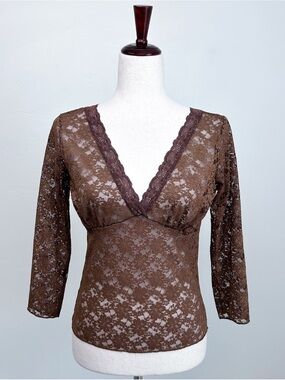 Vintage Y2K Sheer Brown Floral Lace V-Neck Empire Waist Sexy Lingerie Top LARGE